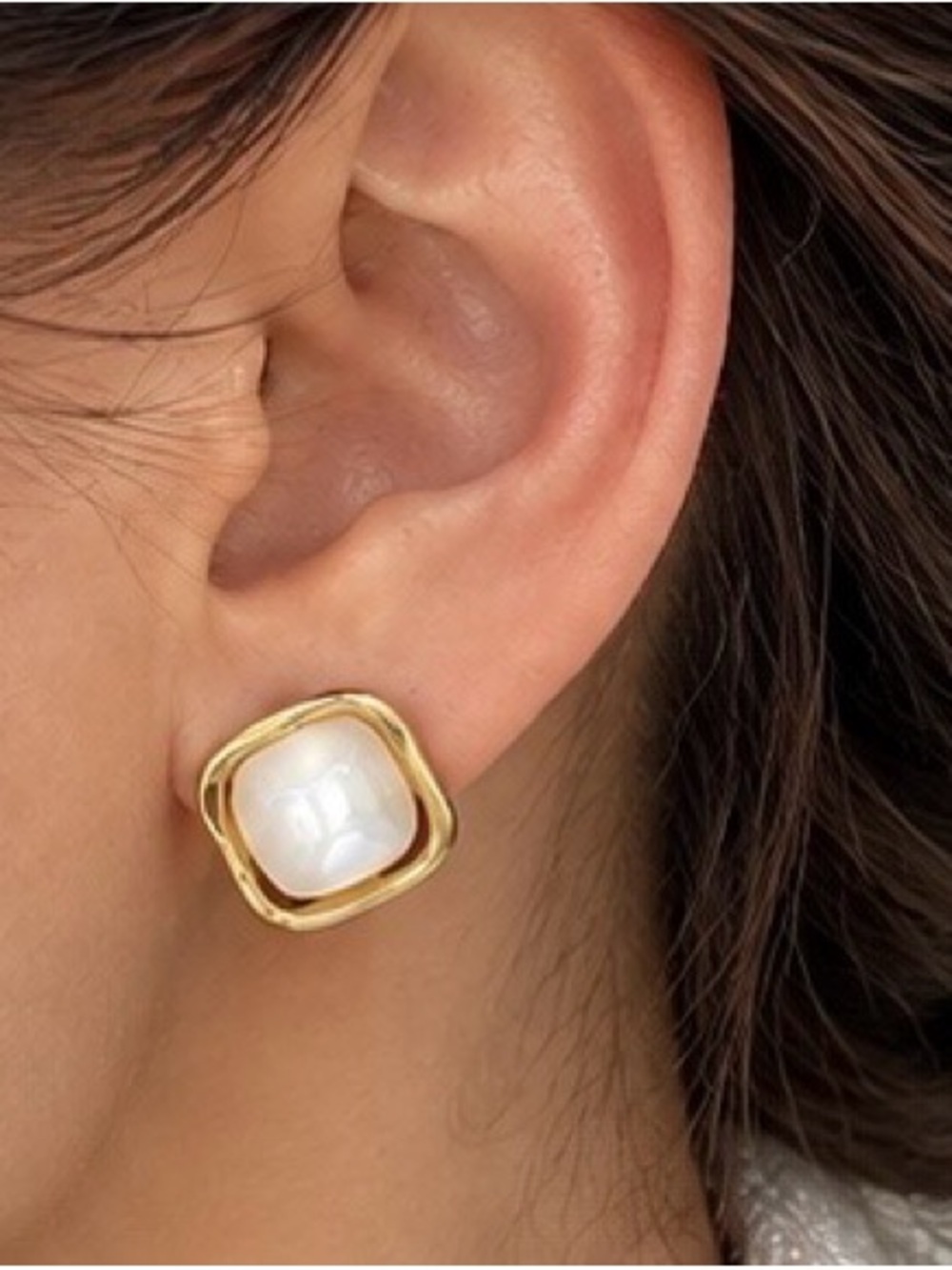 Gold Pearl-Accent Square Stud Earrings.